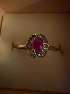 Silver tone Real Red Ruby Oval Gem Heart Accent Ring